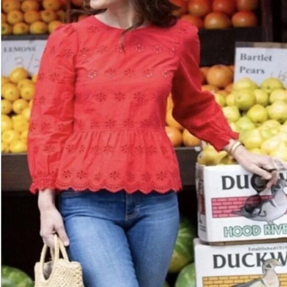 NWT Madewell Eyelet Peplum Top 3X Plus Size Red Scalloped Keyhole Versatile Chic - Picture 6 of 10